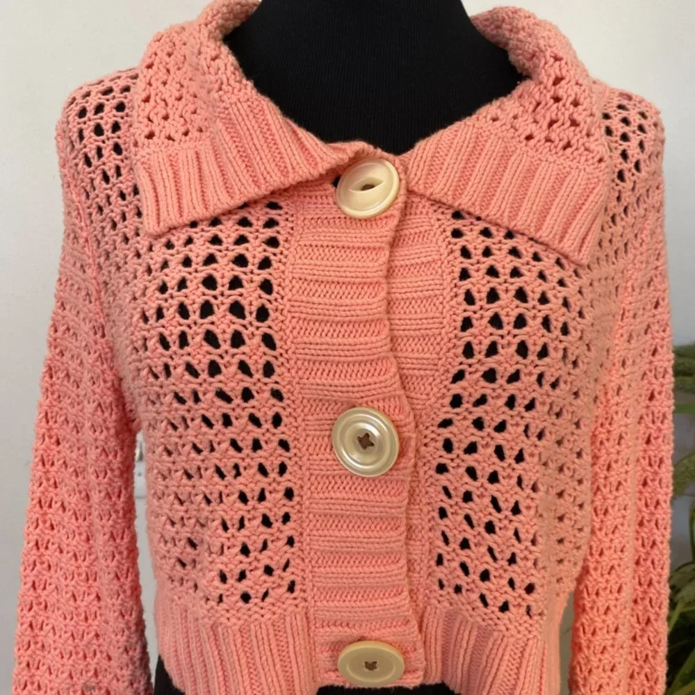 Free People‎ Knit Embroidery Peach Floral Boho Button Short Sweater Top Size L